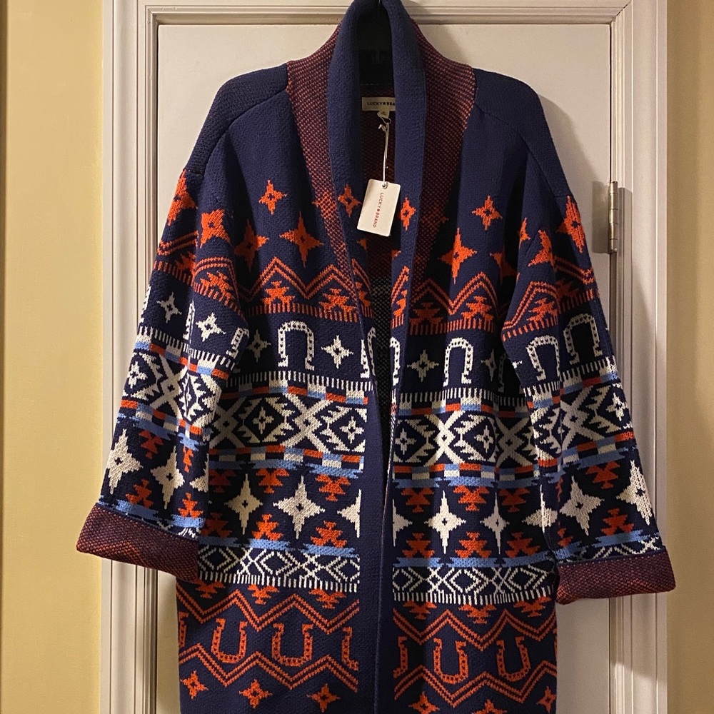 Lucky Brand Cotton Stretch Lucky Print Longer Cardigan NWT